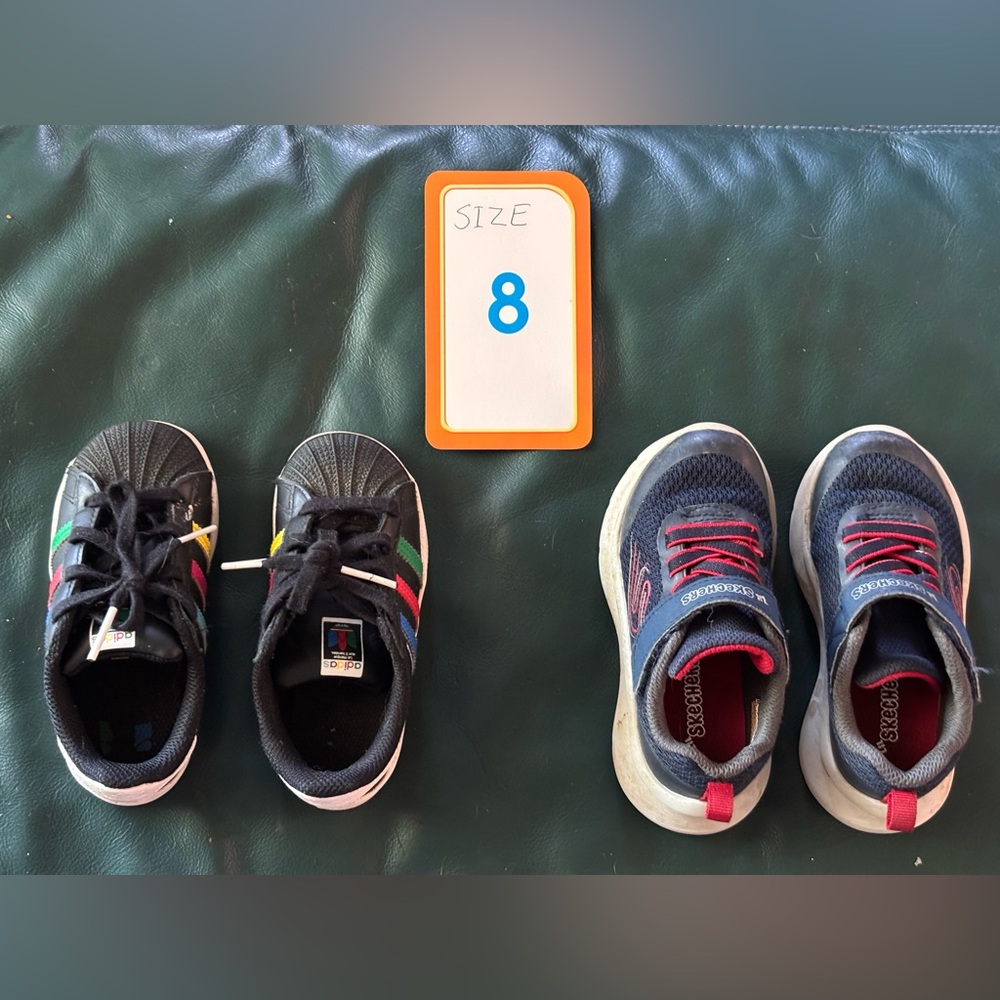 adidas Kids Black Sneakers with Red, Green & Yellow Stripes and Navy Skechers
